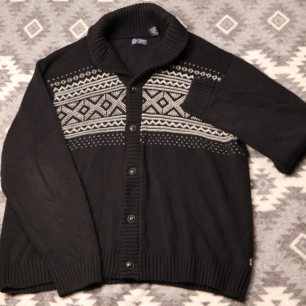 Chaps Mens Shawl Collar Fair Isle Cardigan Sweater Black White XXL